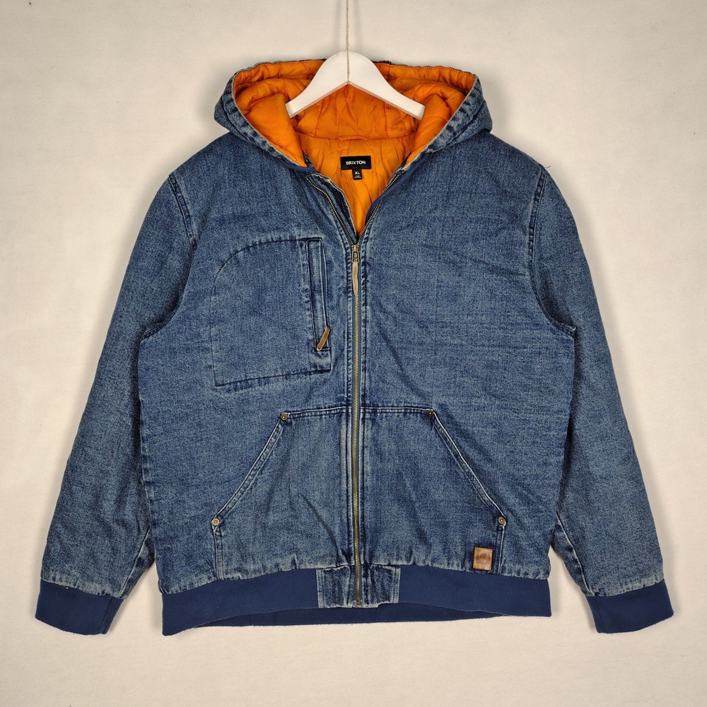 Brixton Mens Denim Hooded Work Jacket Blue Orange Quilted Lining XL Zip Up